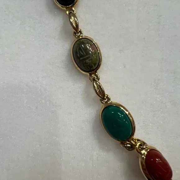 Egyptian Revival Vintage Multicolor Stone Scarab Necklace - Picture 2 of 7
